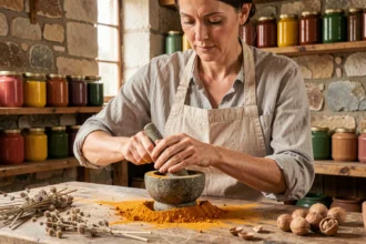 Femme broyant des pigments naturels d'ocre dans un mortier pour fabriquer de la peinture naturelle maison