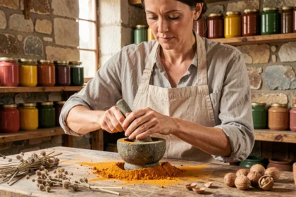 Femme broyant des pigments naturels d'ocre dans un mortier pour fabriquer de la peinture naturelle maison