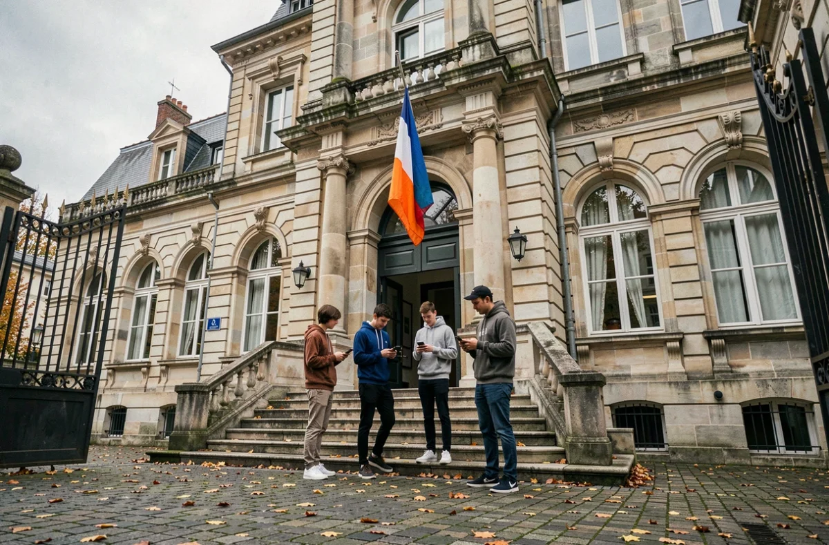 Façade d'un lycée français traditionnel avec des élèves sur les marches, représentant l'institution éducative en France