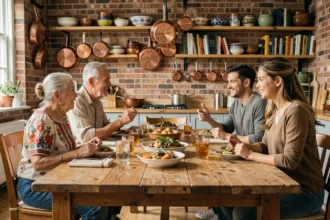 Famille multigénérationnelle et multiculturelle réunie autour d'un repas traditionnel dans une cuisine chaleureuse