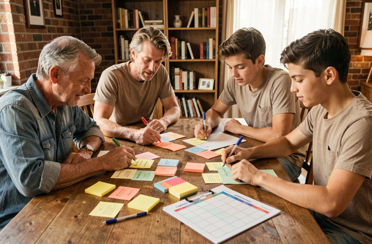 Famille réunie autour d'une table pour organiser leur tableau des tâches hebdomadaires ensemble