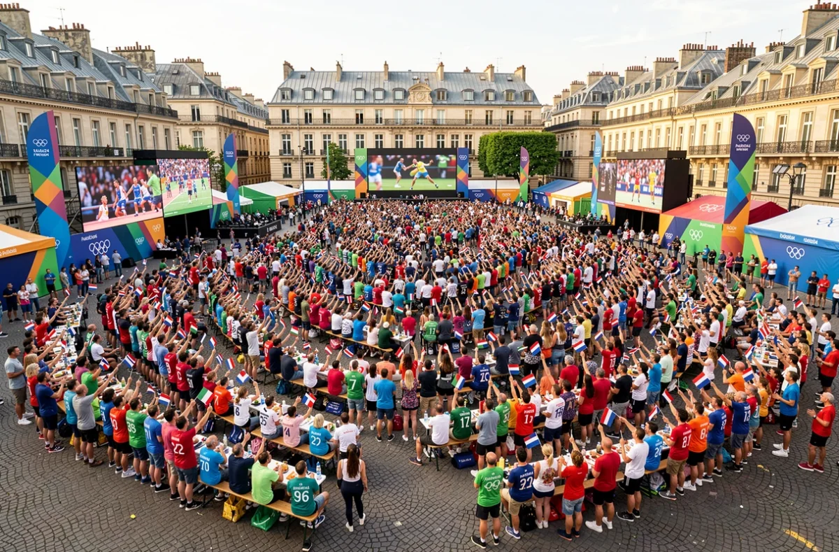 Zone de supporters animée en plein air à Paris avec des écrans géants diffusant les épreuves olympiques de 2024