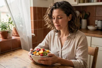 Femme pratiquant l'alimentation intuitive, savourant un bol de fruits frais avec pleine conscience dans une cuisine chaleureuse