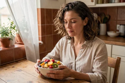 Femme pratiquant l'alimentation intuitive, savourant un bol de fruits frais avec pleine conscience dans une cuisine chaleureuse