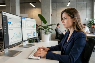 Une professionnelle analysant un tableau de bord CRM sur deux écrans dans un bureau moderne en open-space, illustrant la transformation numérique en entreprise