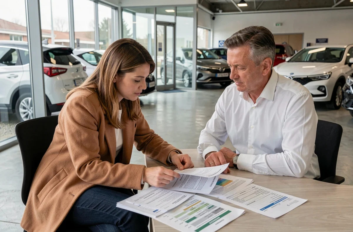 Femme analysant des documents de dépréciation automobile avec un conseiller dans une salle d'exposition de voitures