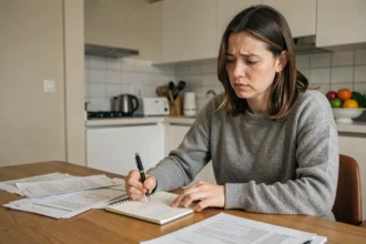 Femme analysant ses relevés bancaires à la maison pour éviter les frais de partage