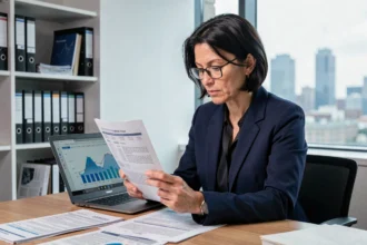 Femme professionnelle analysant un rapport de crédit imprimé dans un bureau moderne