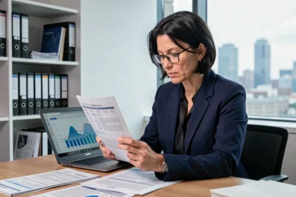 Femme professionnelle analysant un rapport de crédit imprimé dans un bureau moderne