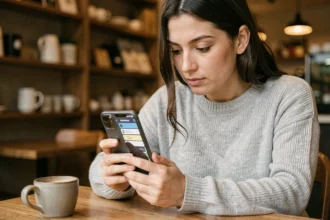 Femme utilisant l'application Translate Go sur smartphone dans un café pour traduire du texte