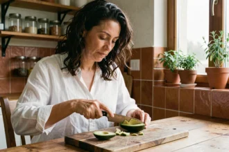 Femme préparant un avocat frais dans une cuisine en bois, aliment bénéfique pour le cerveau