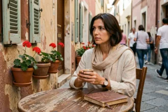 Une femme posée dans un café de rue européen tient un carnet de voyage et un café, symbolisant le slow travel et la contemplation du quotidien local
