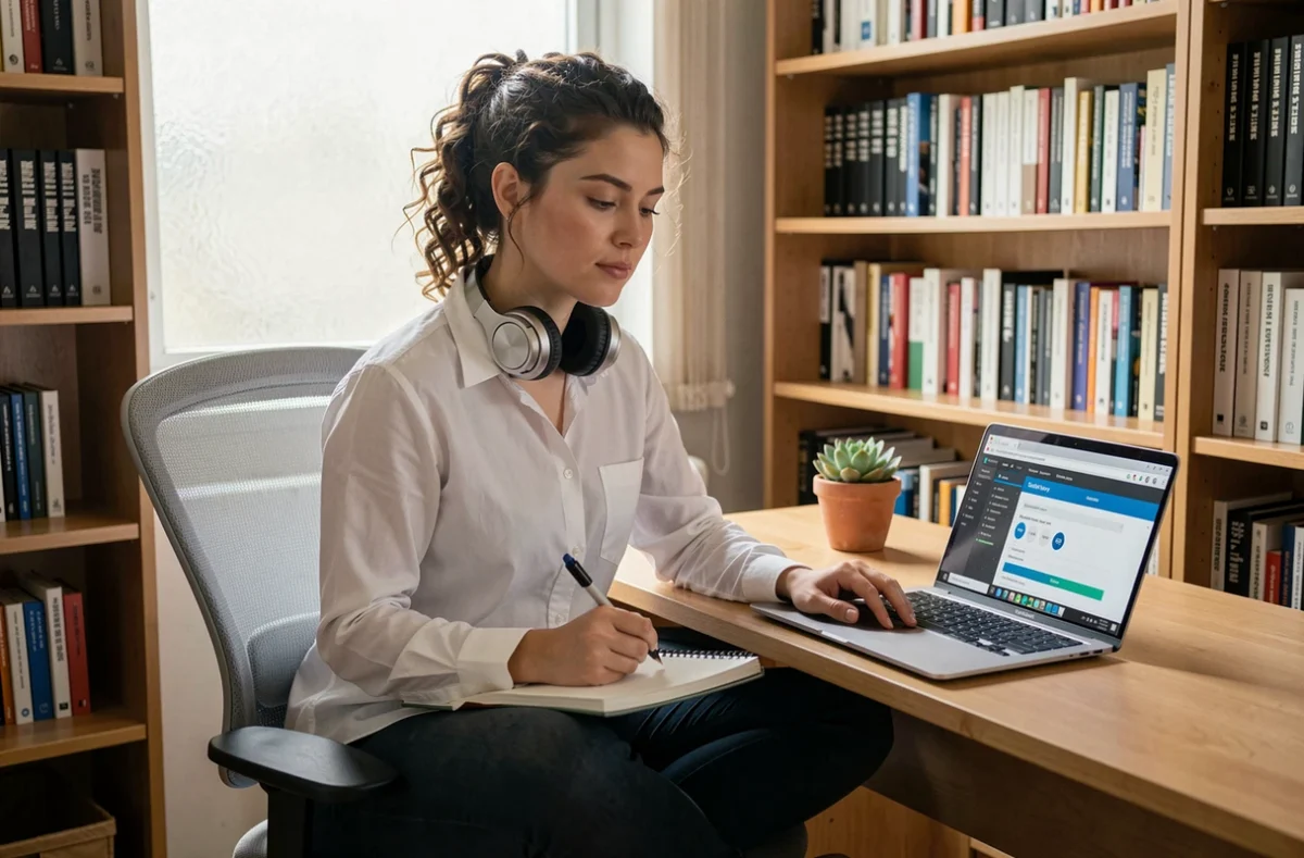 Femme spécialiste en cybersécurité travaillant depuis son bureau à domicile avec un carnet de notes