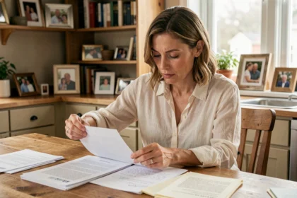 Femme protégeant ses documents personnels à la maison, illustrant le concept de vie privée et de confidentialité