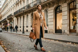 Femme parisienne élégante en manteau camel marchant sur un boulevard haussmannien en automne, illustrant le sens de la mode français