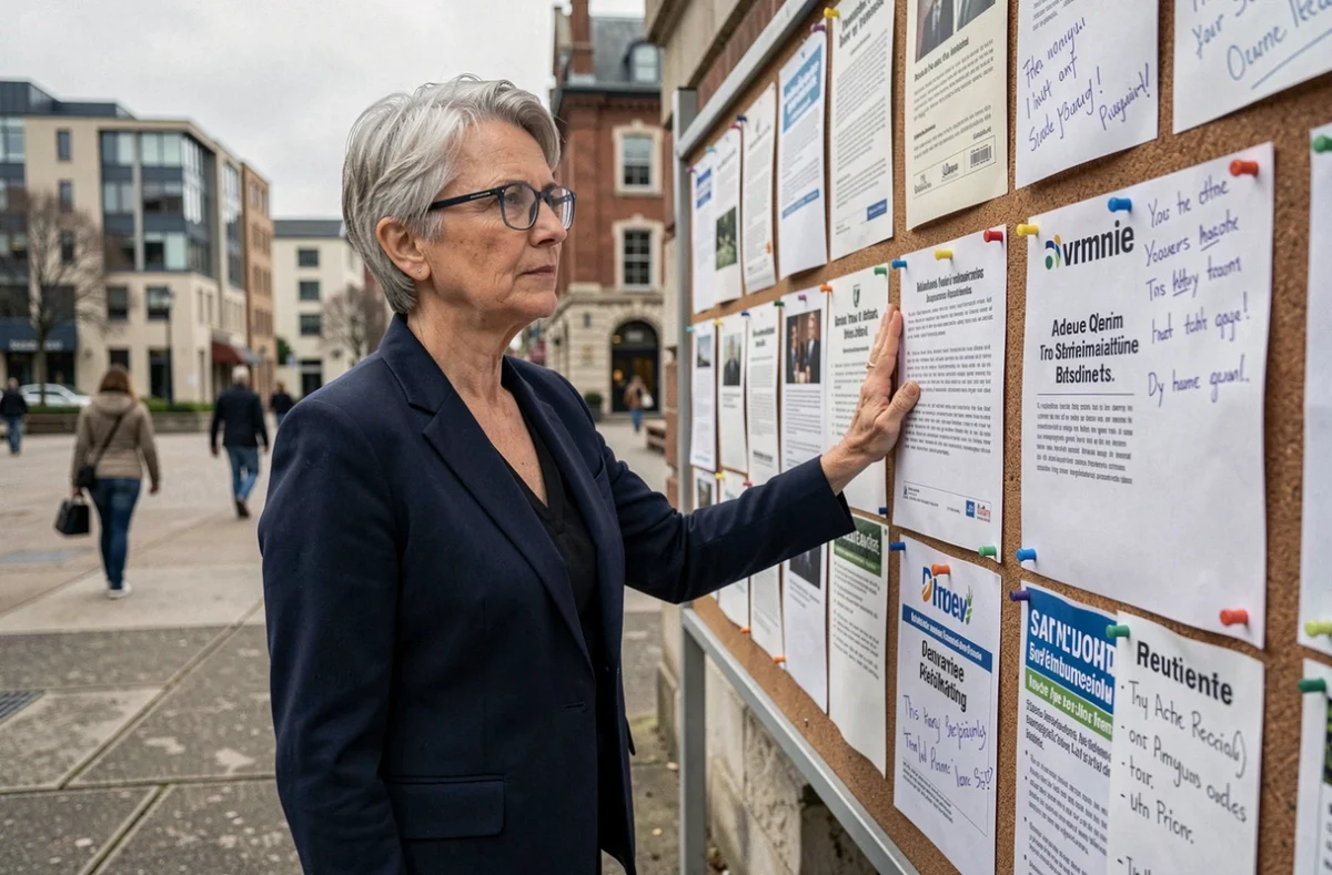 Femme mature lisant des annonces communautaires sur un tableau public urbain, symbolisant l'engagement citoyen et les attentes sociétales
