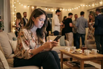 Jeune femme ennuyée lors d'une fête, regardant son téléphone assise seule dans un salon animé