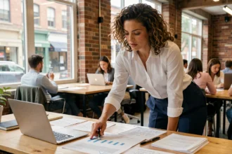 Femme entrepreneur analysant un business plan dans un espace de coworking urbain