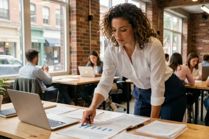Femme entrepreneur analysant un business plan dans un espace de coworking urbain