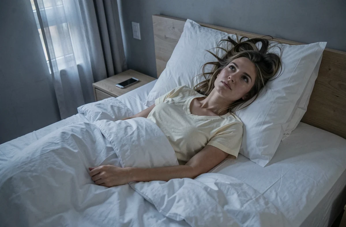 Femme allongée dans son lit les yeux grands ouverts avant l'aube, incapable de dormir malgré la fatigue