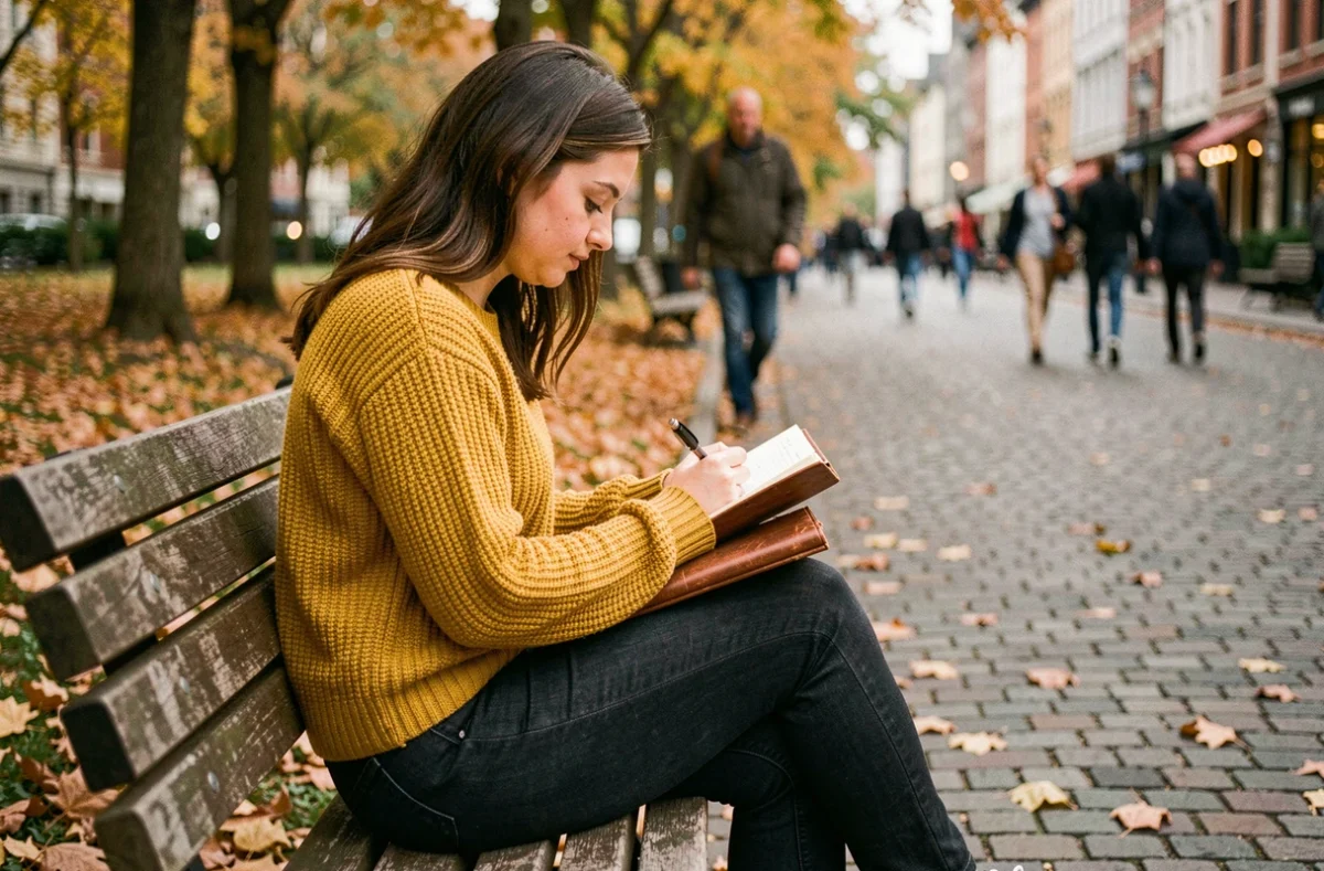 Jeune femme écrivant dans son journal intime dans un parc public, symbolisant l'intimité et la vie privée