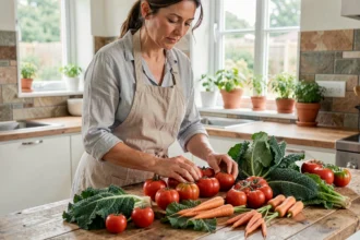 Femme préparant des légumes frais et colorés dans une cuisine moderne pour une alimentation durable et saine