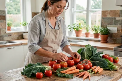 Femme préparant des légumes frais et colorés dans une cuisine moderne pour une alimentation durable et saine