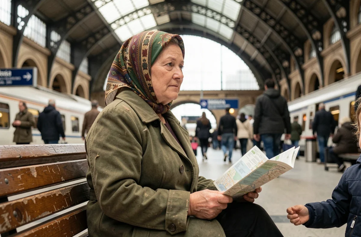 Femme migrante assise dans une gare internationale tenant une carte routière, symbolisant les parcours migratoires à travers le monde