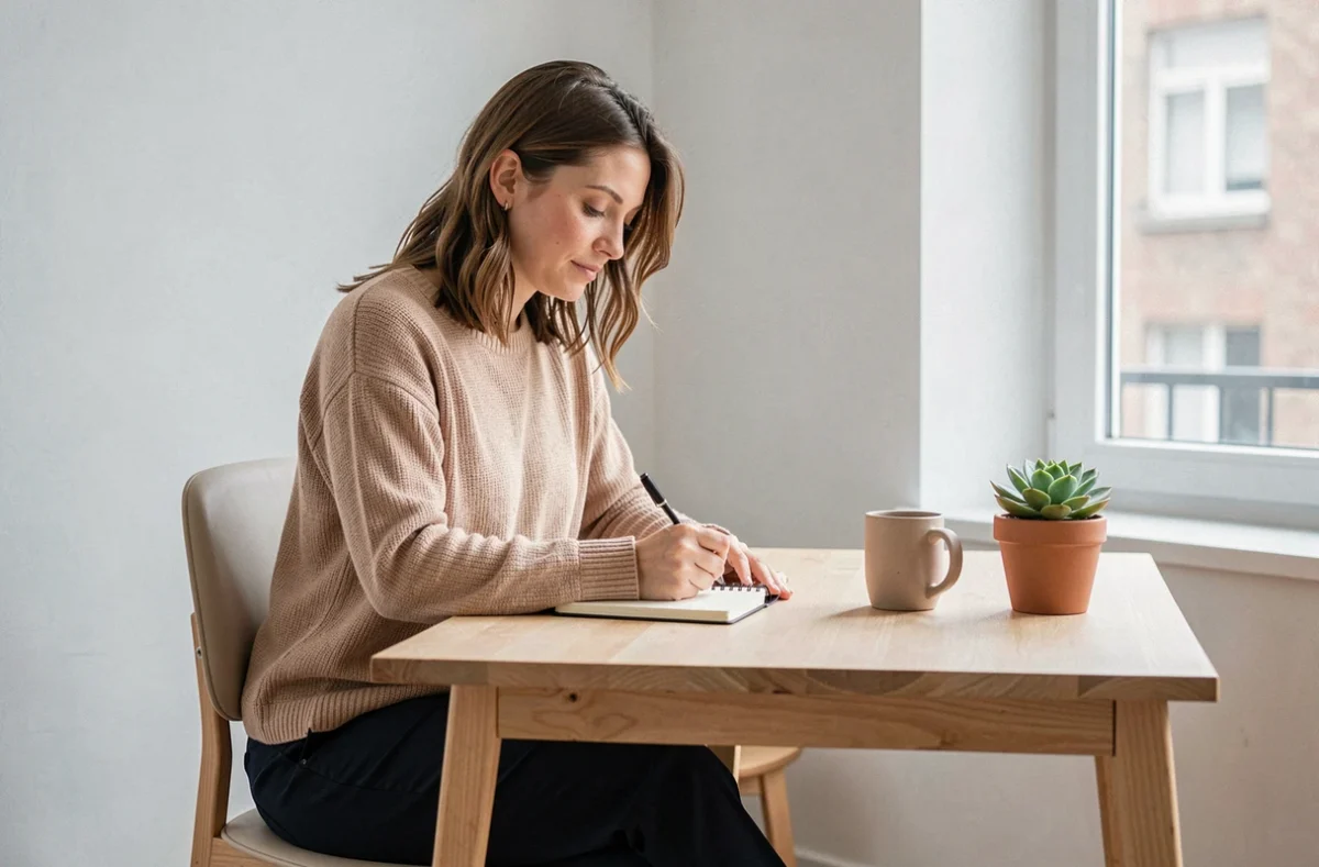 Femme adoptant un mode de vie minimaliste à son bureau épuré avec un carnet et une tasse