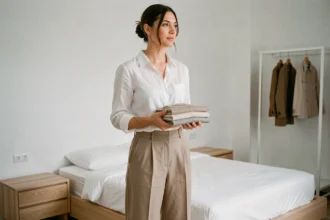 Femme minimaliste tenant une pile de vêtements épurés dans une chambre blanche et ordonnée