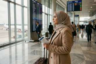 Femme musulmane voilée seule dans un aéroport tenant ses documents de voyage, illustrant la question du voyage sans mahram