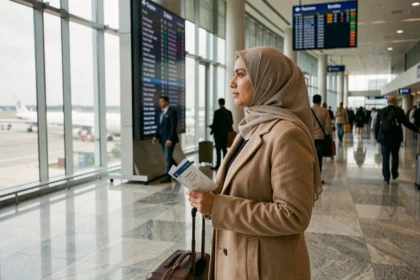 Femme musulmane voilée seule dans un aéroport tenant ses documents de voyage, illustrant la question du voyage sans mahram