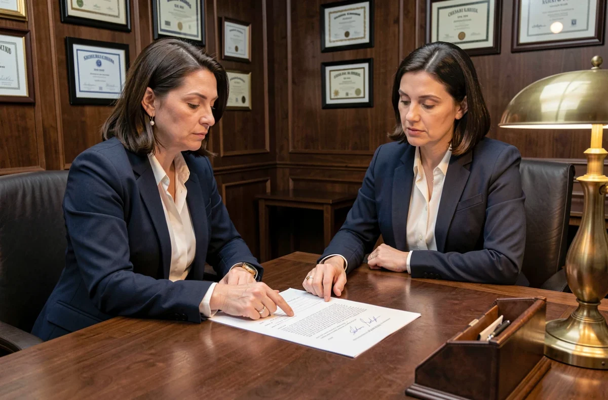 Femme discutant des frais et taxes de vente immobilière avec un notaire dans un bureau officiel