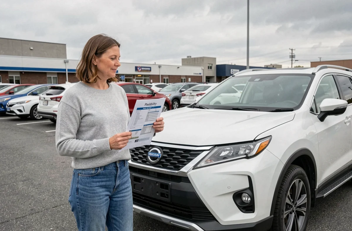 Femme consultant un rapport de fiabilité automobile devant un SUV blanc dans un parking