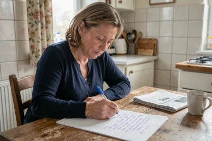 Femme d'âge moyen écrivant un cahier de doléances à la main dans une cuisine modeste