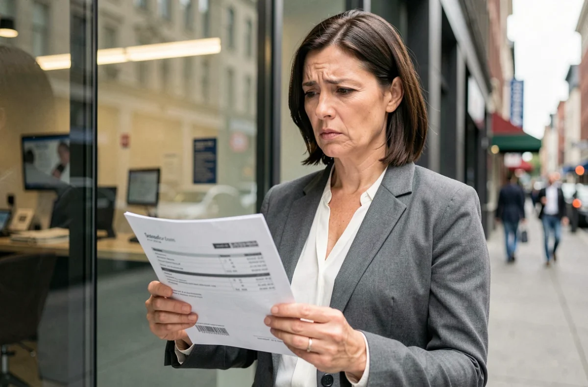 Femme tenant un relevé de compte bancaire devant une agence, symbolisant les risques et incertitudes de l'épargne