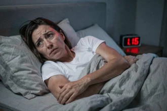 Femme éveillée à 3h05 du matin dans sa chambre sombre, fixant le plafond avec inquiétude