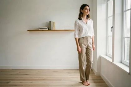 Femme minimaliste dans un salon épuré aux murs blancs et mobilier sobre, illustrant le mode de vie minimaliste