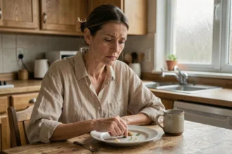 Femme fatiguée assise devant une assiette presque vide, signe visible de sous-alimentation