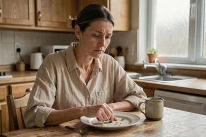 Femme fatiguée assise devant une assiette presque vide, signe visible de sous-alimentation