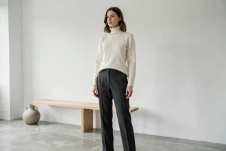 Femme en tenue minimaliste ivoire et gris dans un appartement scandinave épuré aux murs blancs et sol en béton