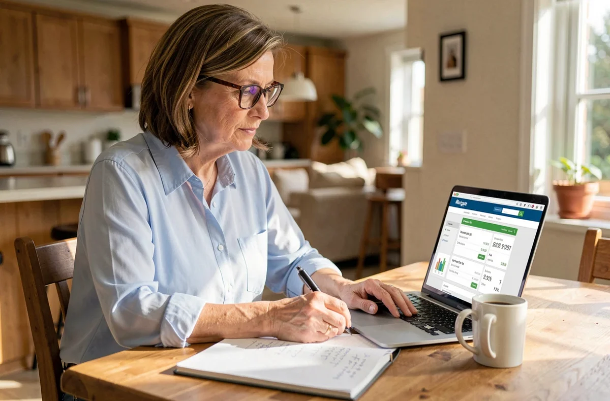Femme consultant les taux d'emprunt immobilier sur son ordinateur portable à la maison en 2026