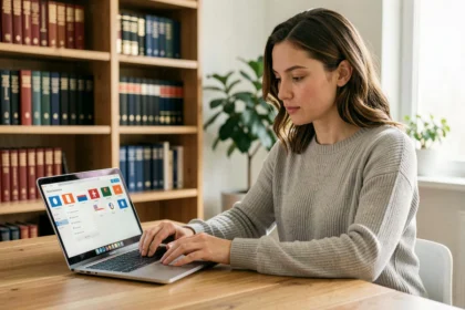 Femme utilisant un logiciel de traduction automatique sur ordinateur portable dans un bureau moderne