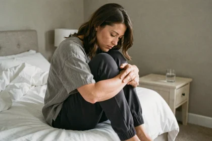 Femme assise seule sur un lit, les genoux contre la poitrine, exprimant une détresse émotionnelle silencieuse liée à un traumatisme