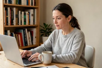 Femme travaillant à domicile à son bureau en bois avec un ordinateur portable dans un bureau à domicile chaleureux