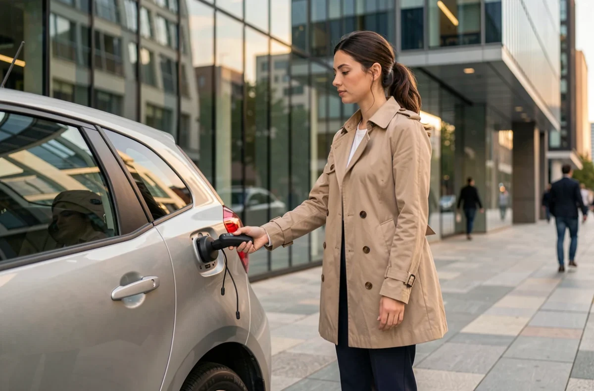 Femme verrouillant sa berline urbaine devant un immeuble de bureaux moderne, symbole de sécurité automobile au quotidien