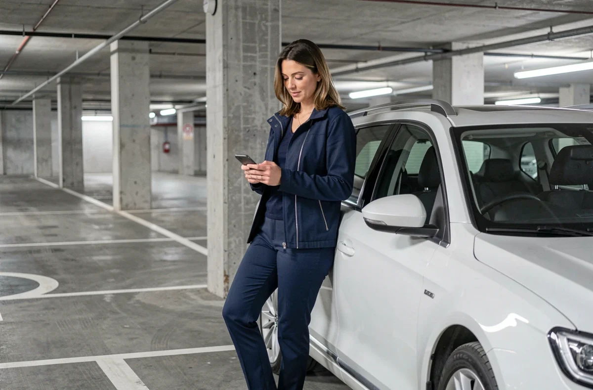 Femme consultant son téléphone à côté d'une voiture diesel break blanche dans un parking urbain, symbolisant la gestion de l'autonomie kilométrique