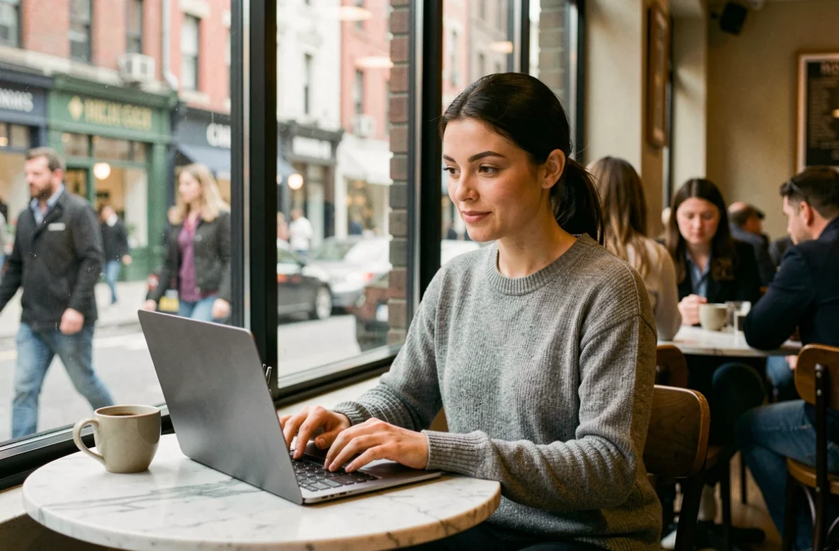 Une femme utilisant un VPN sur son ordinateur dans un café urbain pour protéger sa connexion Wi-Fi publique et sa vie privée en ligne