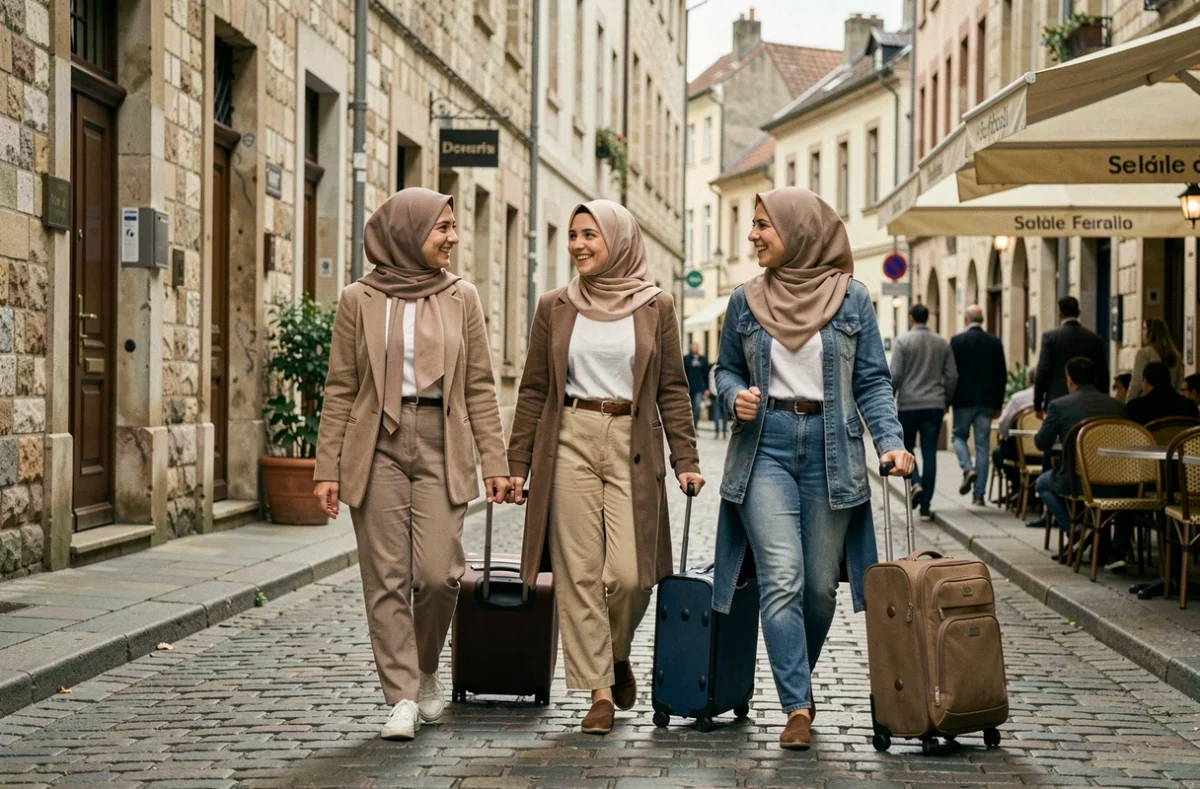 Groupe de femmes musulmanes voilées voyageant ensemble en Europe sans mahram, marchant dans une vieille ville avec leurs bagages