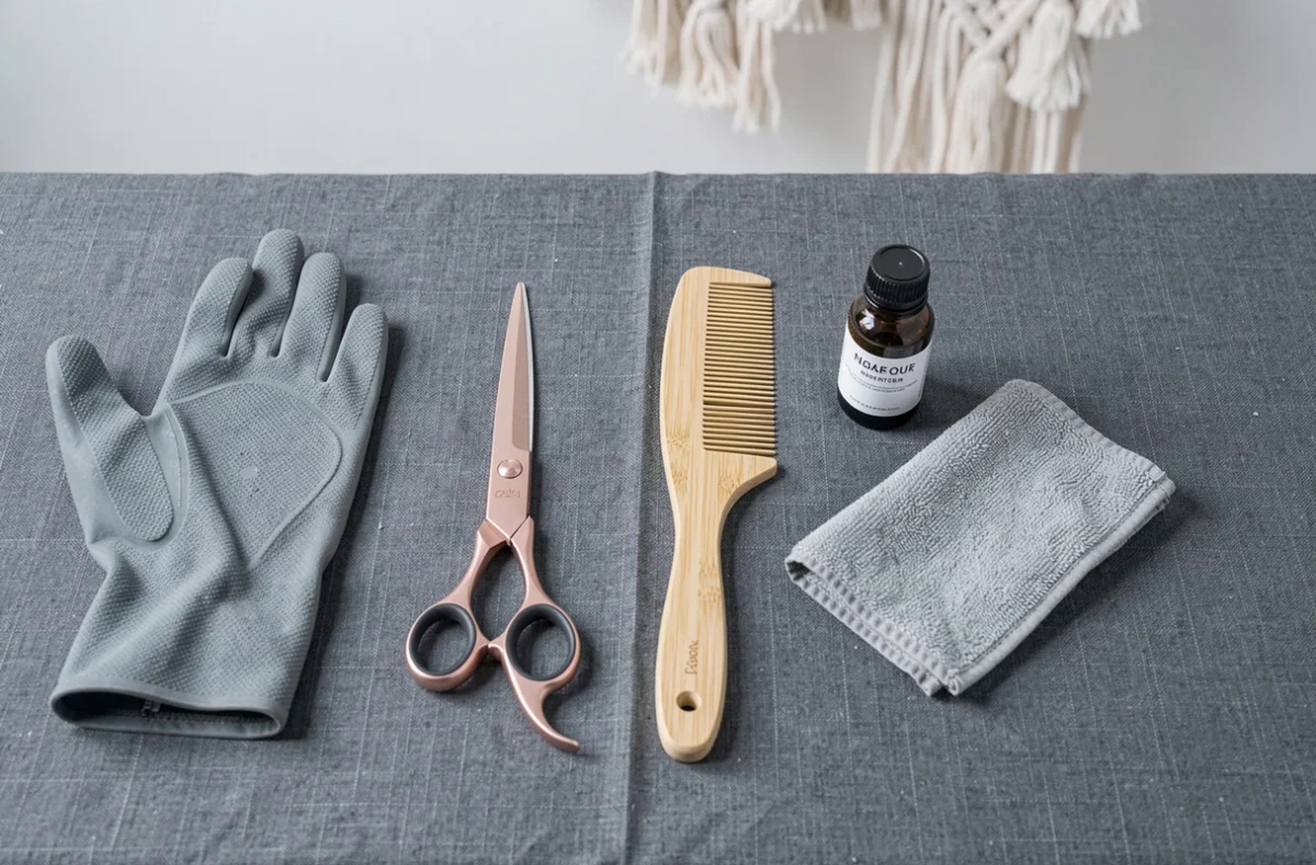 Flat lay d'accessoires de toilettage haut de gamme pour chien sur fond en lin gris ardoise